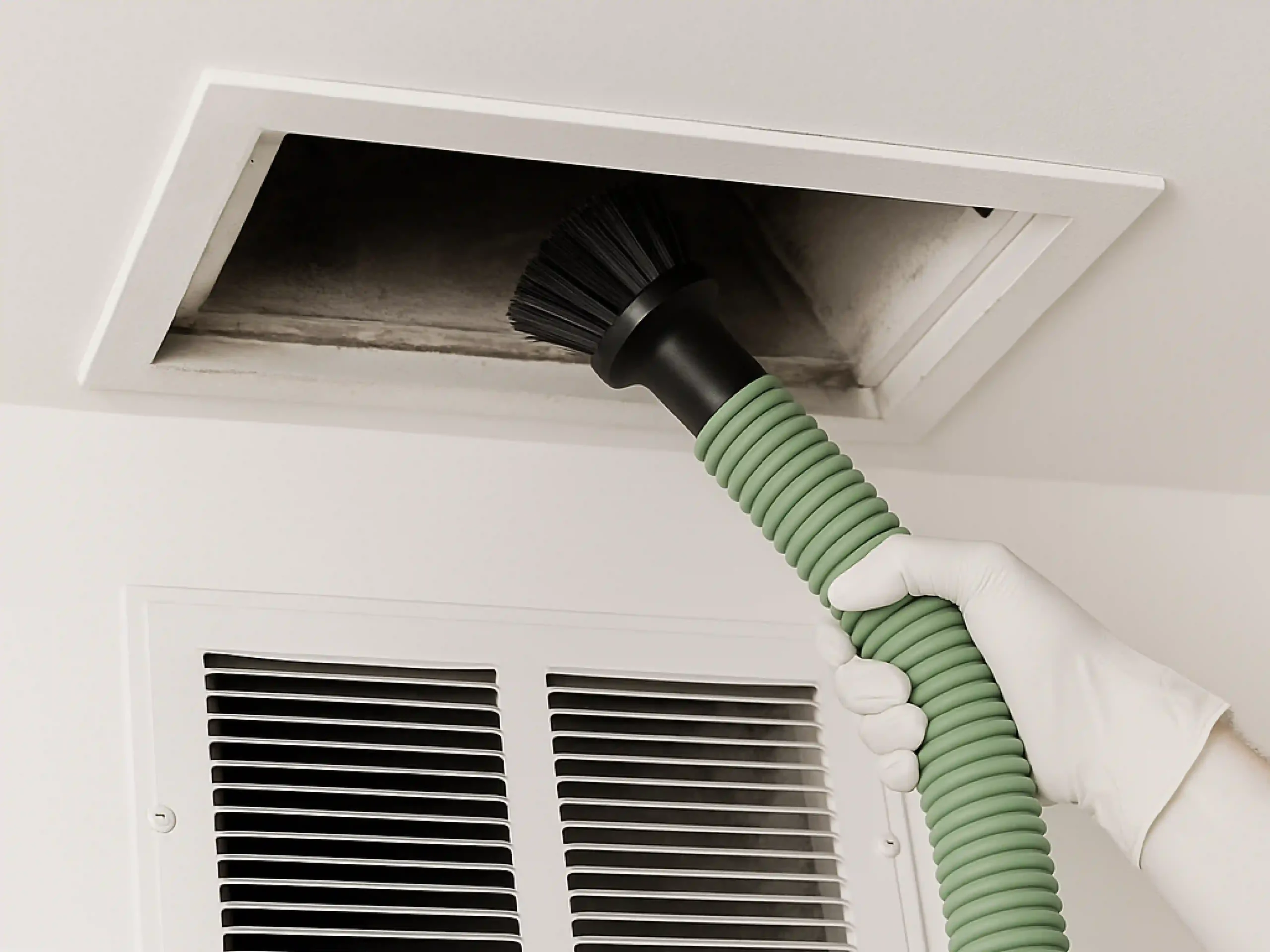 Air duct cleaning process showing inspection, deep cleaning, and sanitizing to improve airflow and air quality